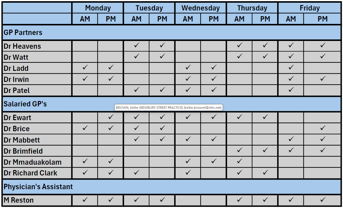 Working Days Table 